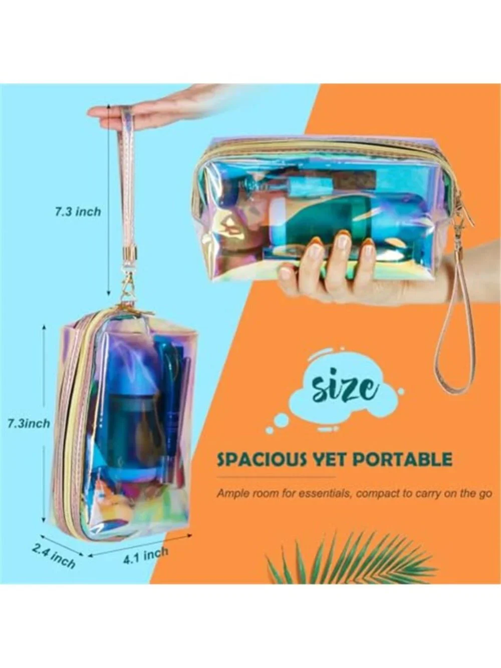 Package Clear Iridescent Holographic Makeup Bag, 2pcs Travel Cosmetic